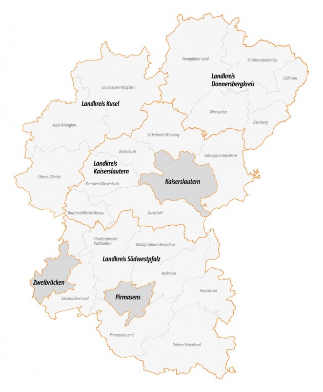 Karte der Westpfalz mit Grenzen der Verbandsgemeinden